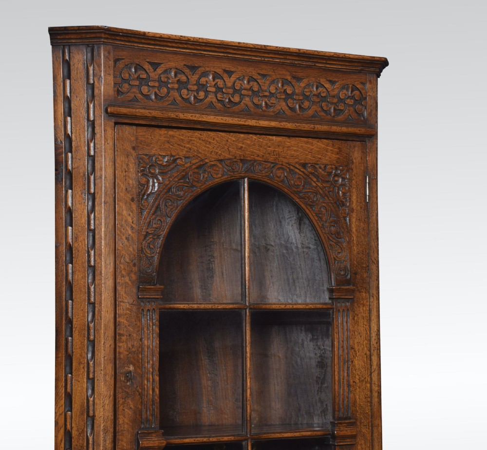 Carved oak corner display cabinet View II