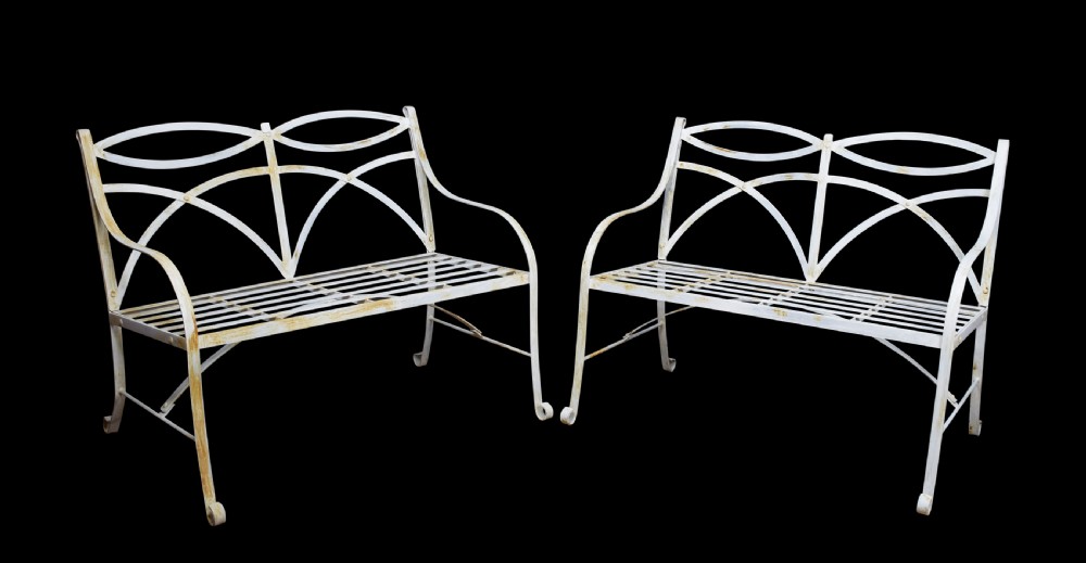 Pair of regency style white painted metal garden benches