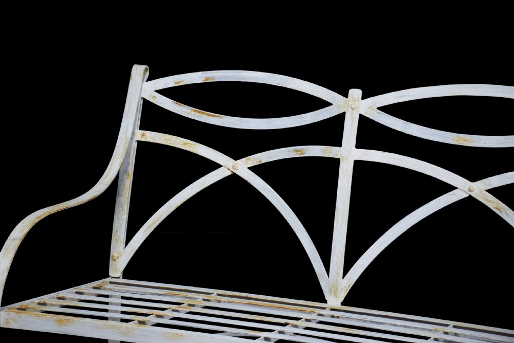 Pair of regency style white painted metal garden benches View II