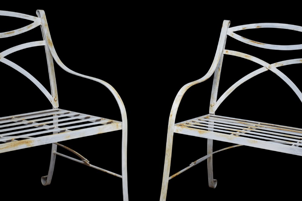 Pair of regency style white painted metal garden benches View VIII