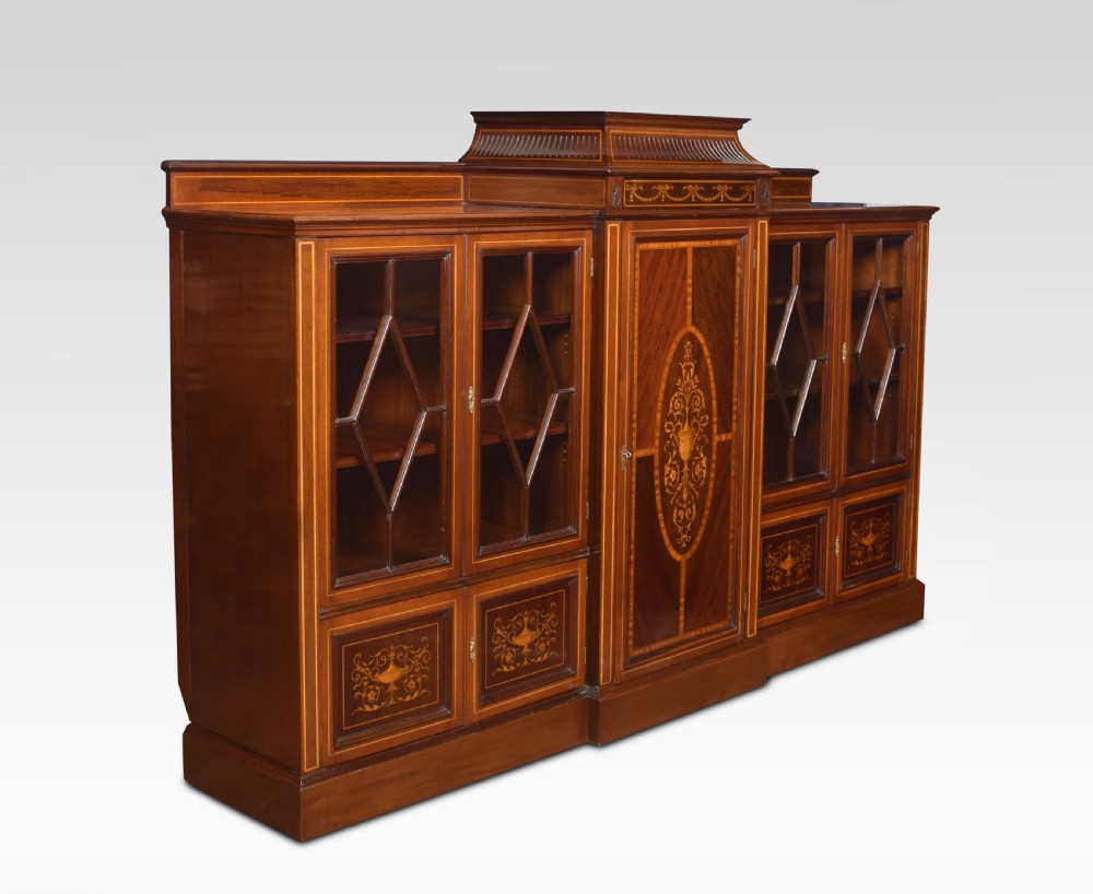 Sheraton revival mahogany inlaid breakfront bookcase View V