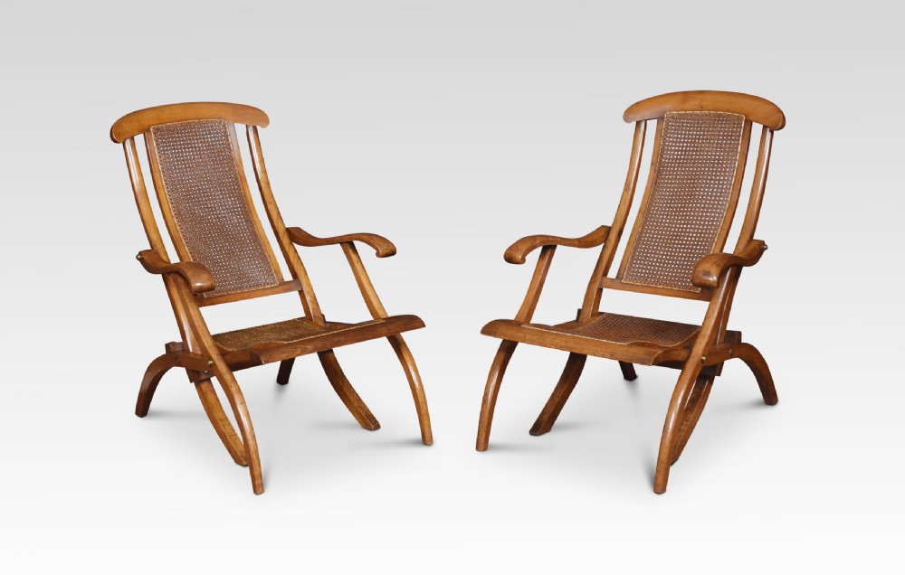 Pair of walnut framed folding Steamer deck chairs