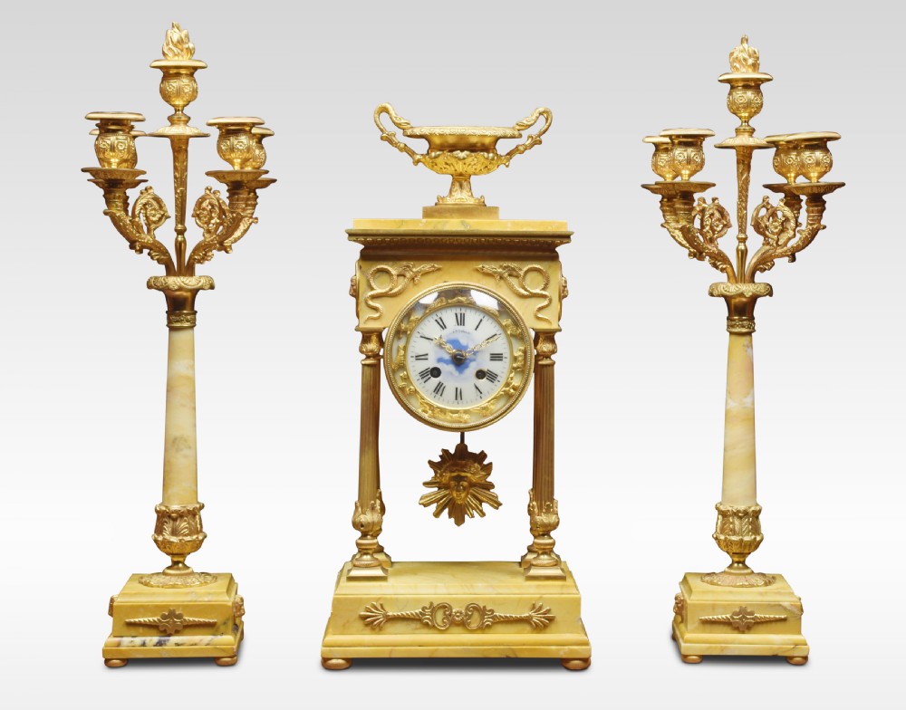 19th Century French Gilt Brass and Siena Marble Three-Piece Clock set