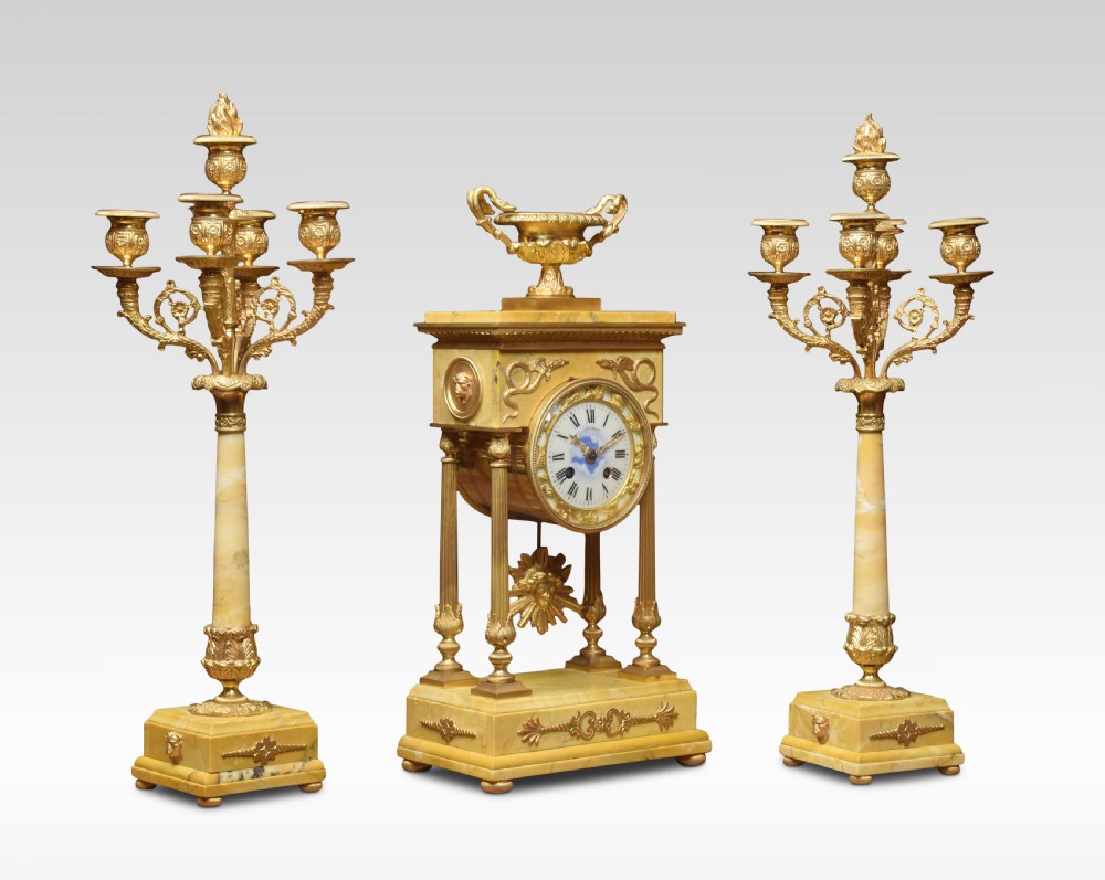 19th Century French Gilt Brass and Siena Marble Three-Piece Clock set View V