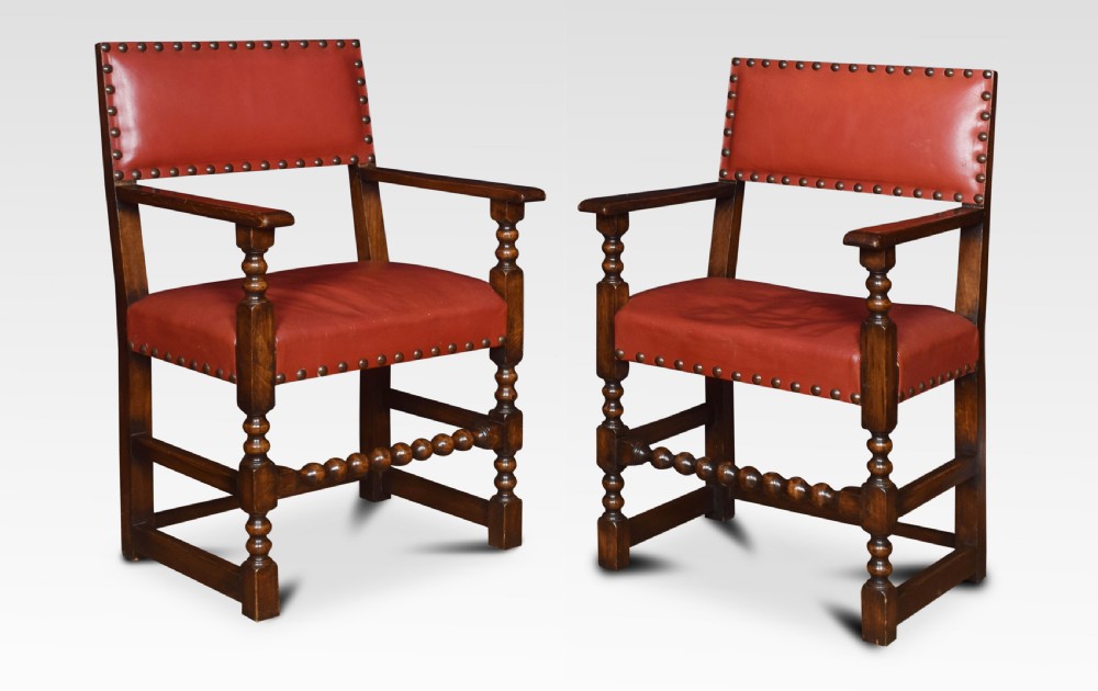 Set of fourteen leather uppolstered substantial oak dining chairs View IV