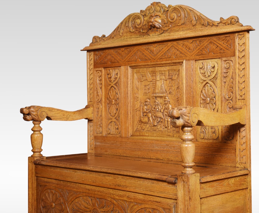 Carved oak hall settle View VIII