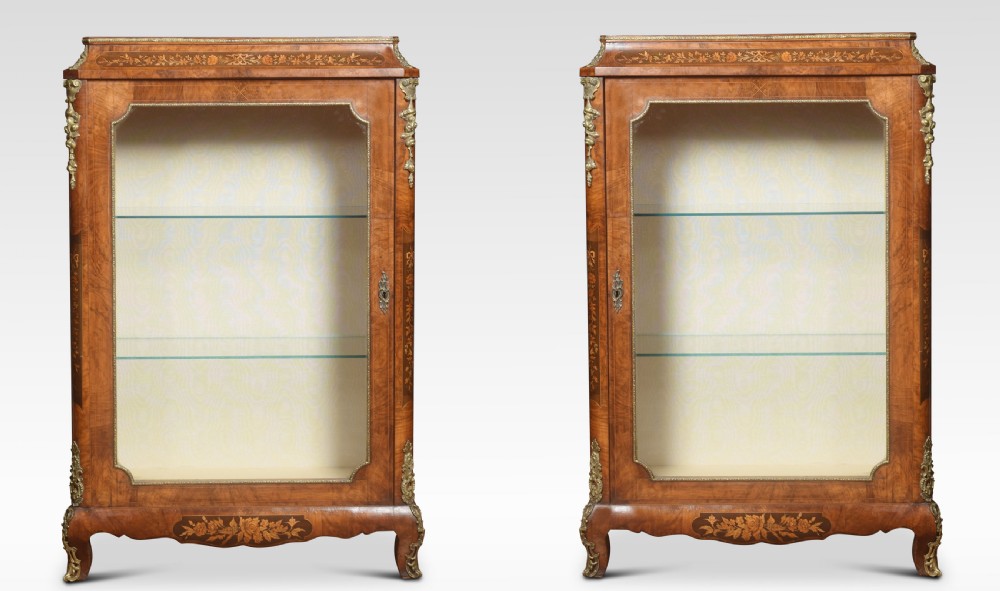 Pair of figured walnut inlaid pier cabinets View II