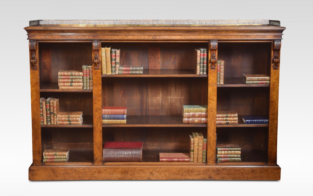 Large figured walnut dwarf open bookcase