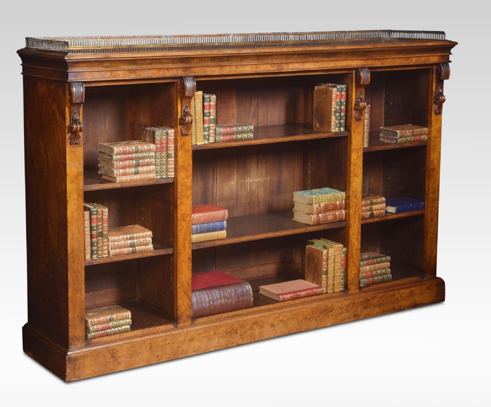 Large figured walnut dwarf open bookcase View III