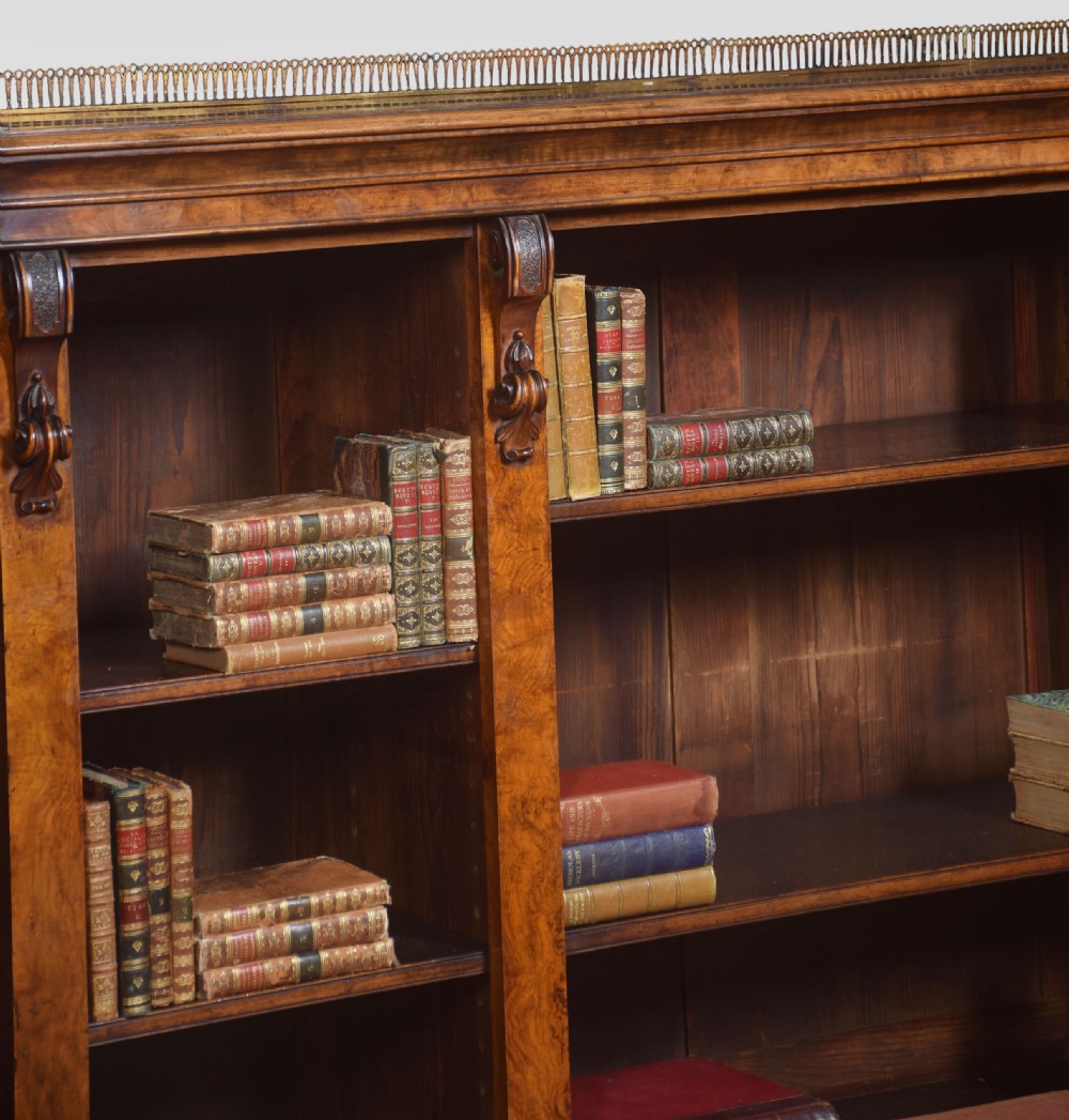 Large figured walnut dwarf open bookcase View IV