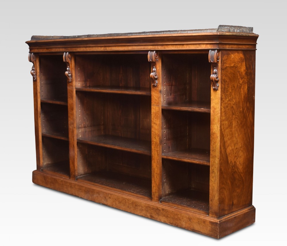 Large figured walnut dwarf open bookcase View V
