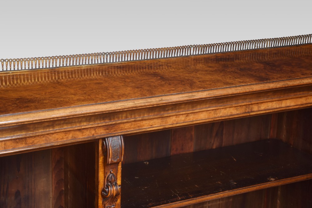 Large figured walnut dwarf open bookcase View VI