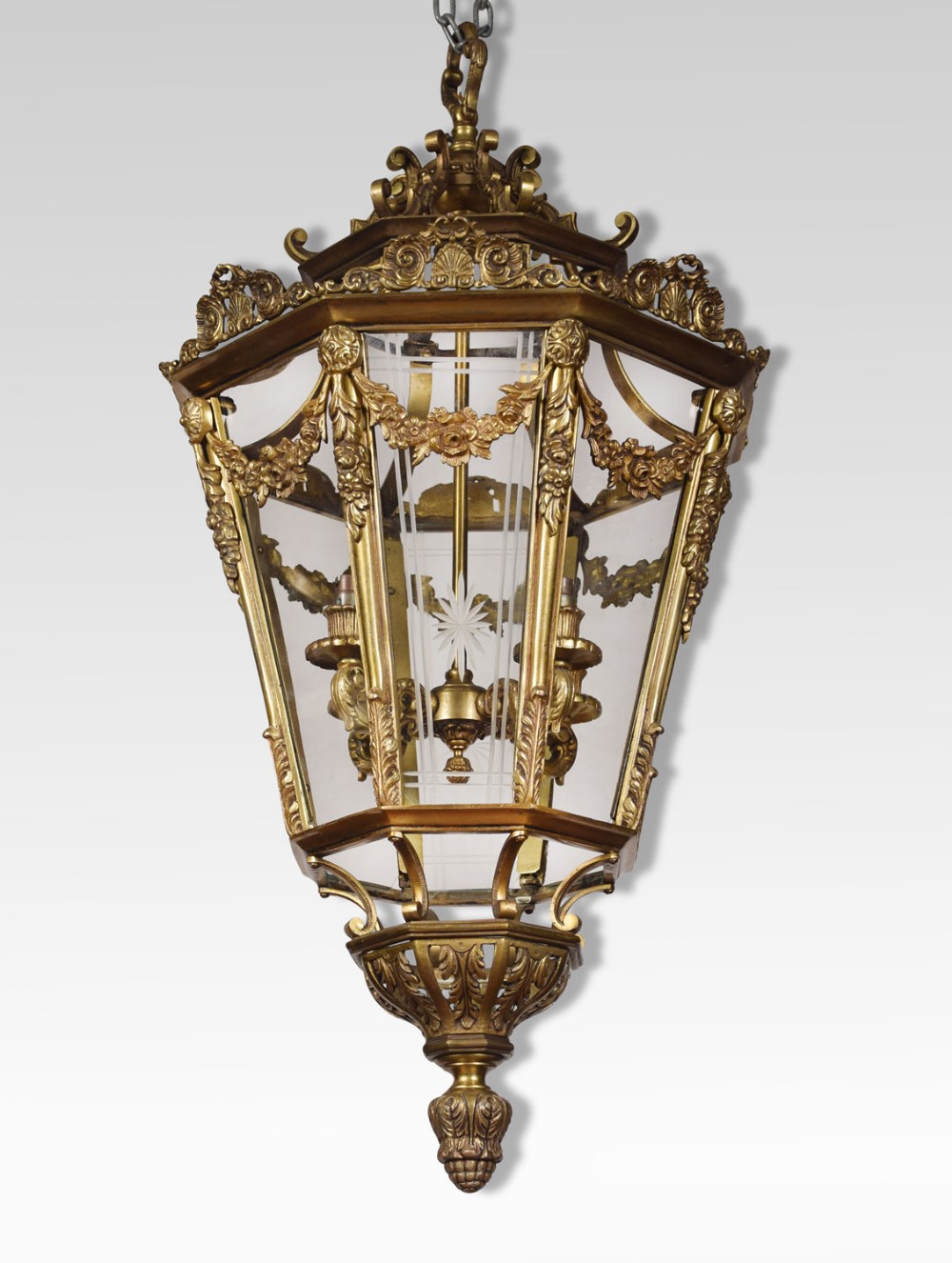 Large brass octagonal cut glass four light lantern