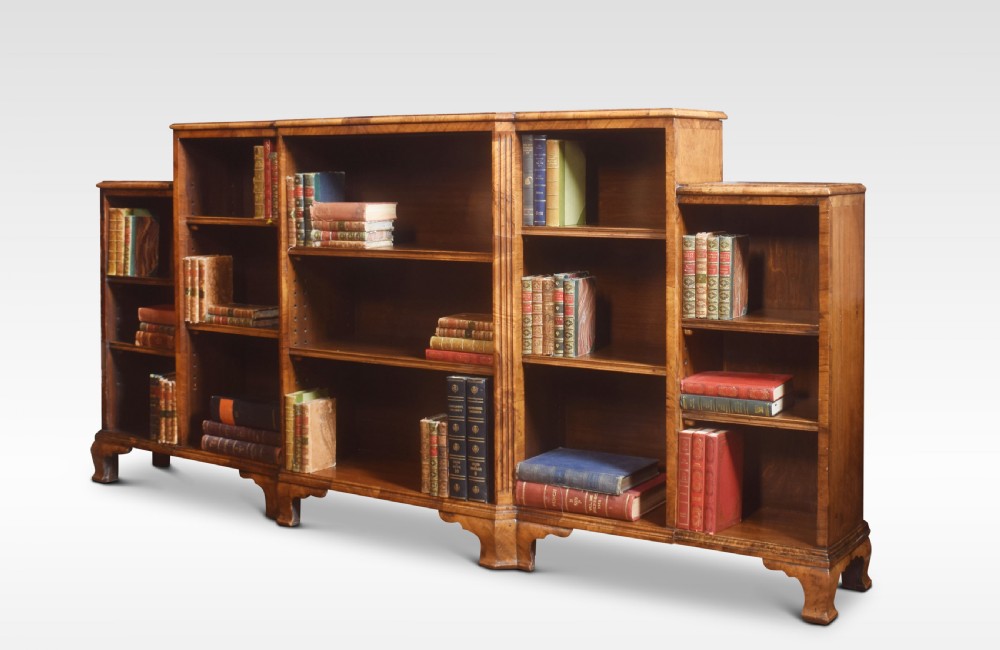 Burr walnut breakfront open bookcase