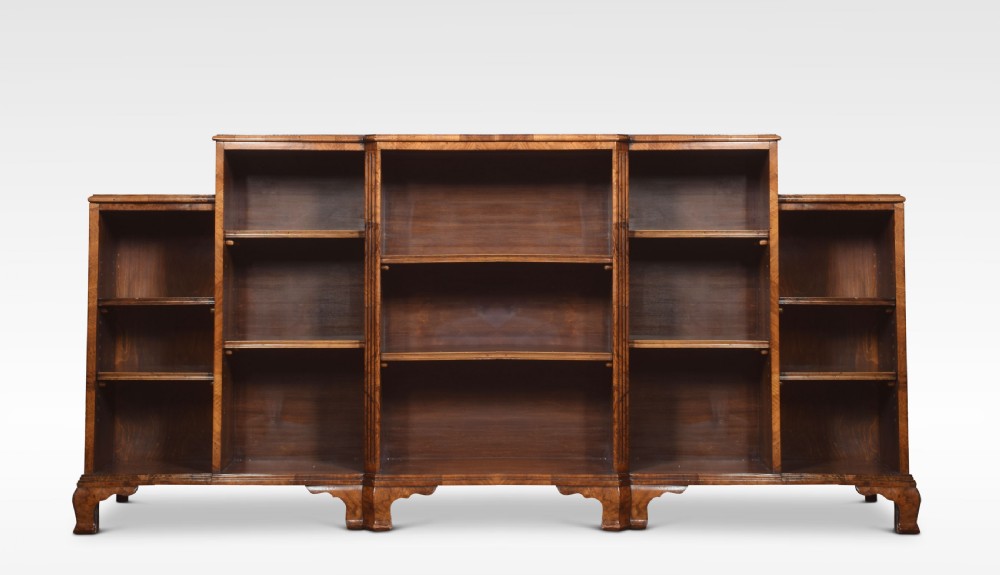 Burr walnut breakfront open bookcase View II