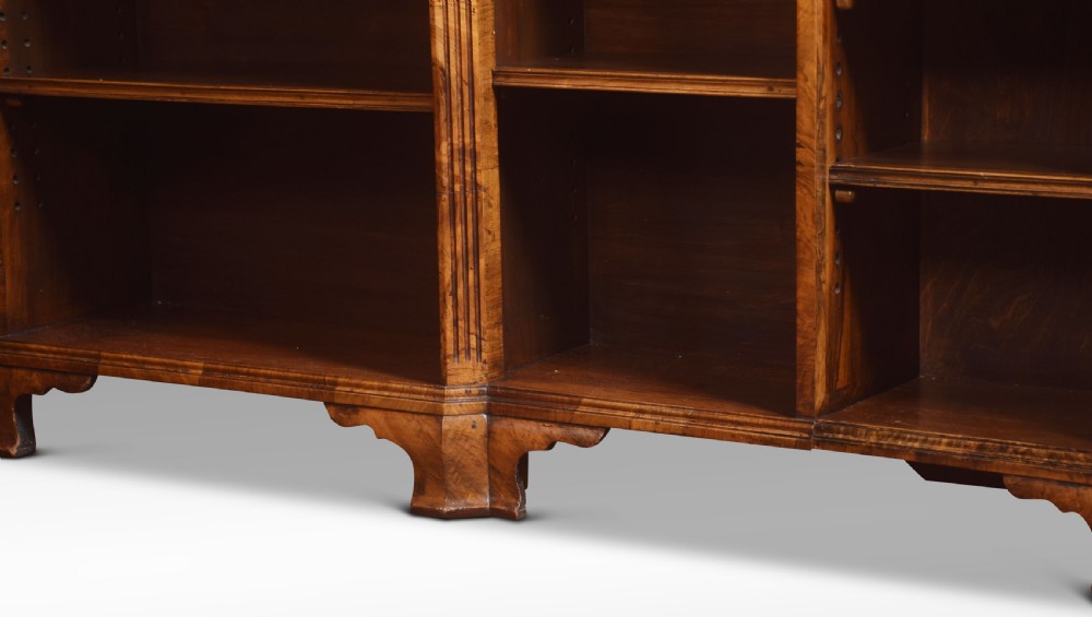 Burr walnut breakfront open bookcase View III