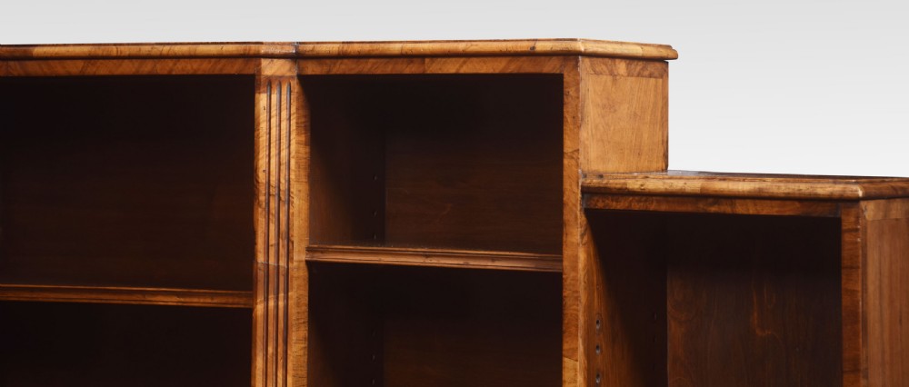 Burr walnut breakfront open bookcase View IV