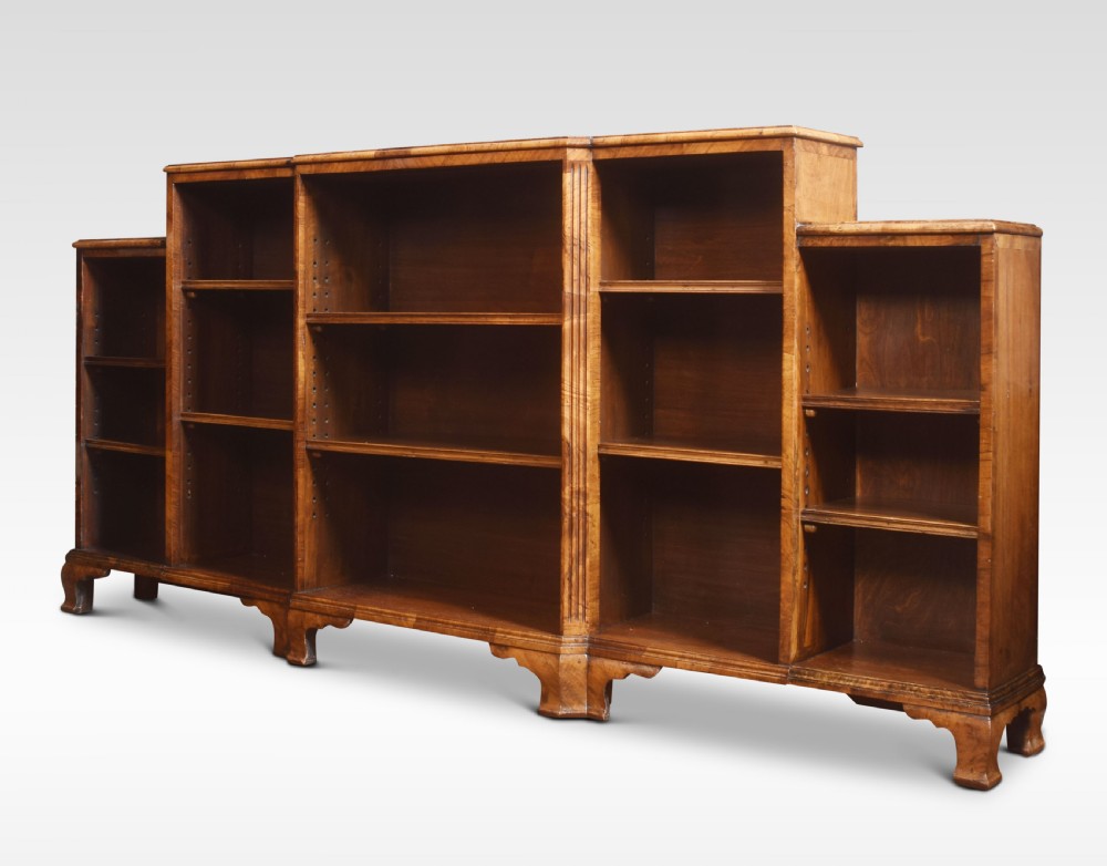 Burr walnut breakfront open bookcase View V