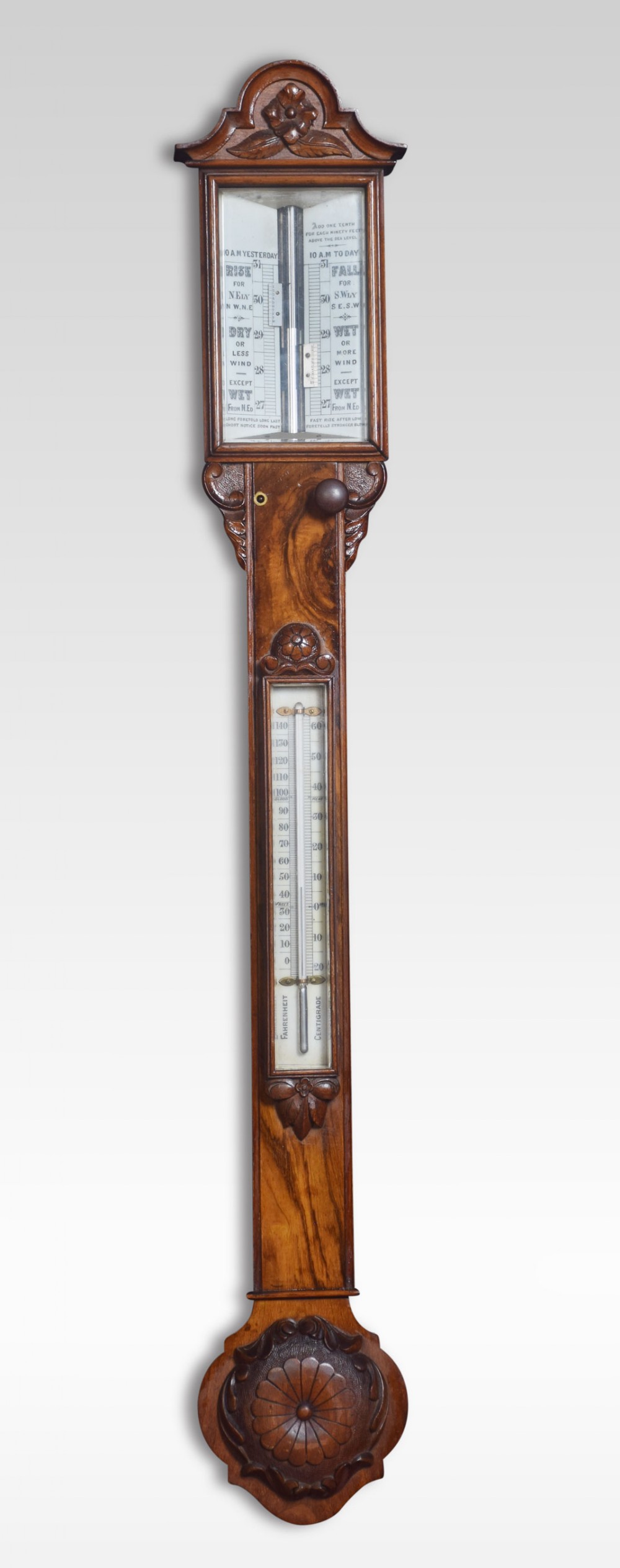Walnut cased stick barometer and thermometer