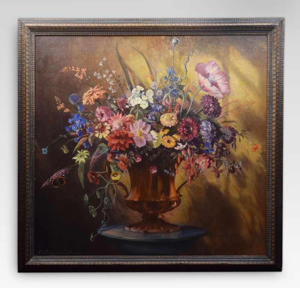 Oil on canvas depicting still life of flowers