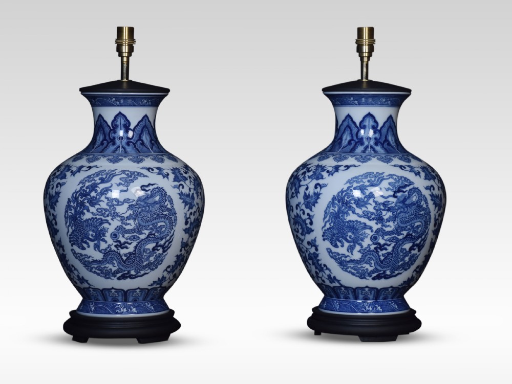 Pair of Chinese blue and white table lamps View II