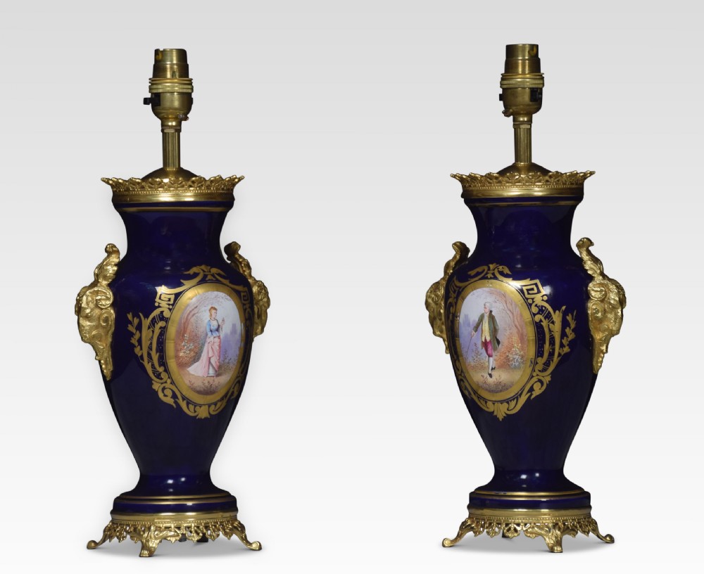 Pair of Sevres porcelain painted vase form table lamps View II