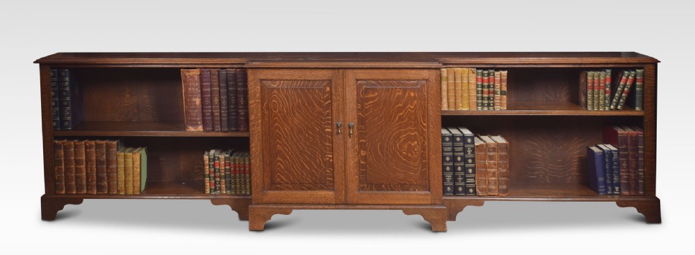 Very large oak dwarf breakfront bookcase
