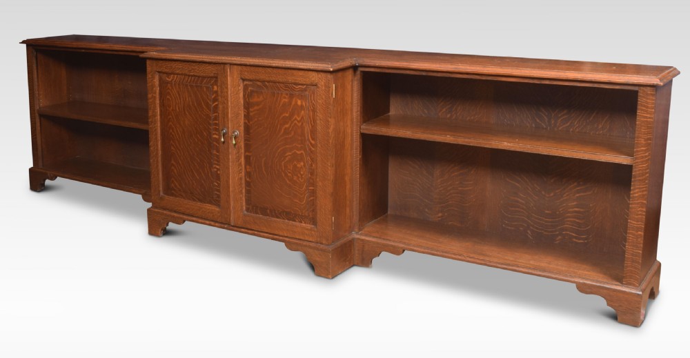 Very large oak dwarf breakfront bookcase View VII