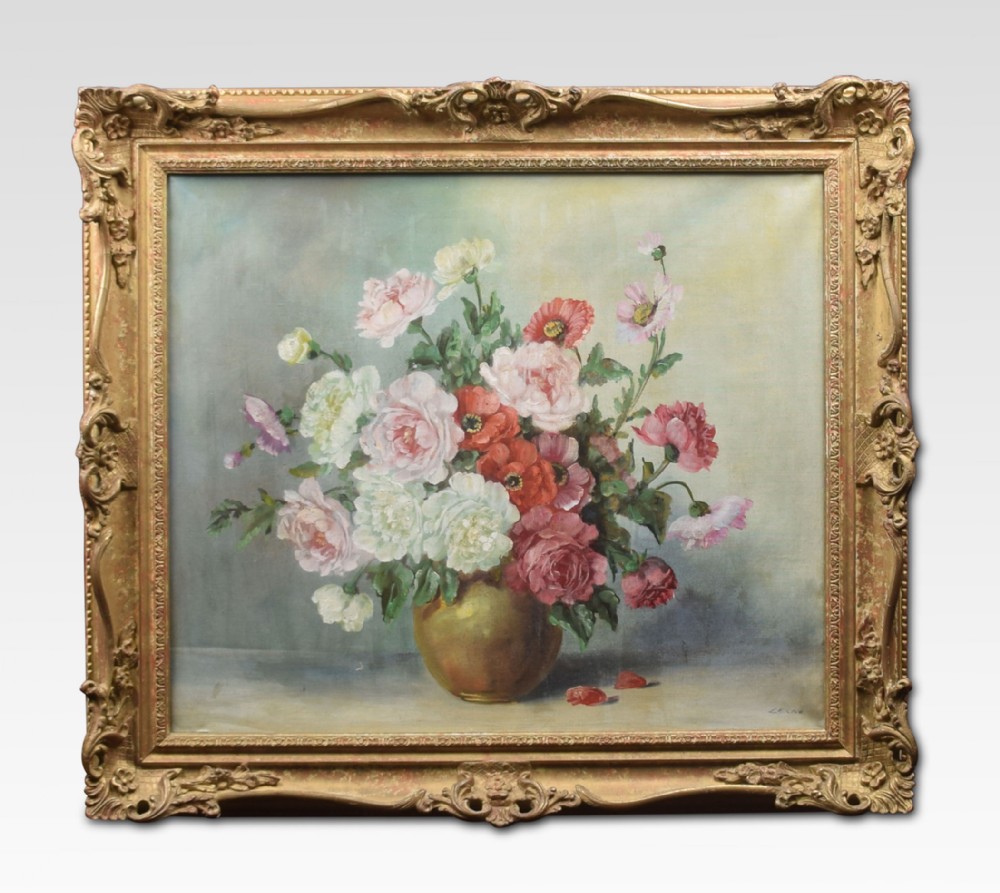 Oil on canvas still life of flowers