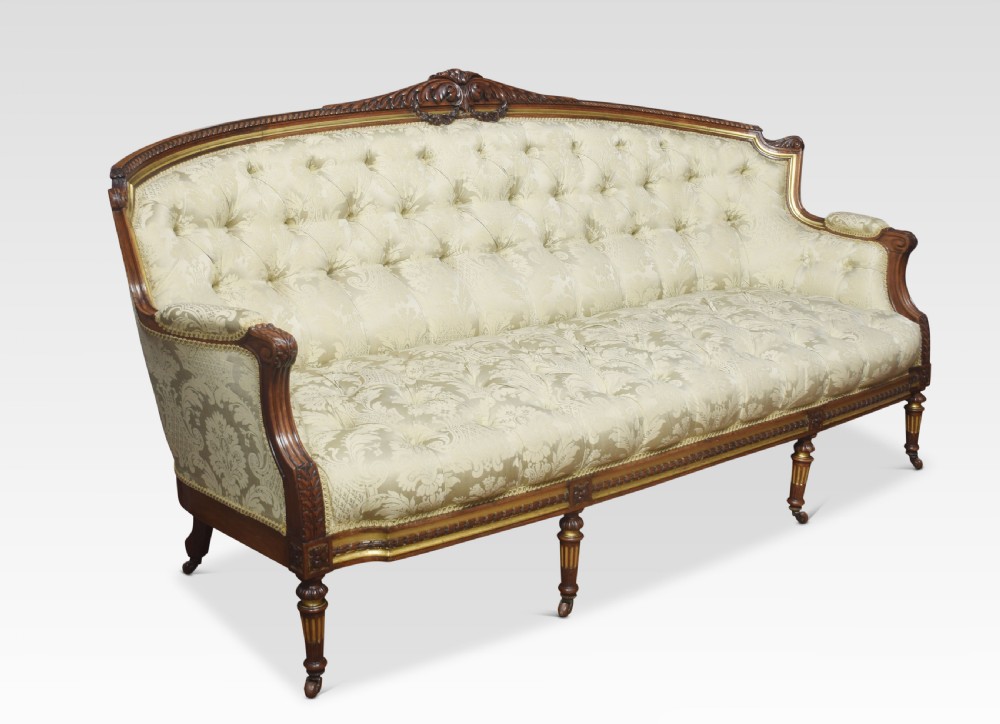 19th century carved walnut and parcel gilt sofa View II