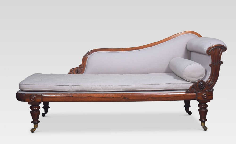Rosewood framed scroll arm chaise lounge attributed to Wm Trotter