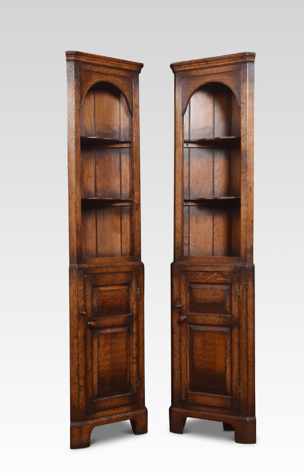 Pair of narrow oak floor standing corner cupboards