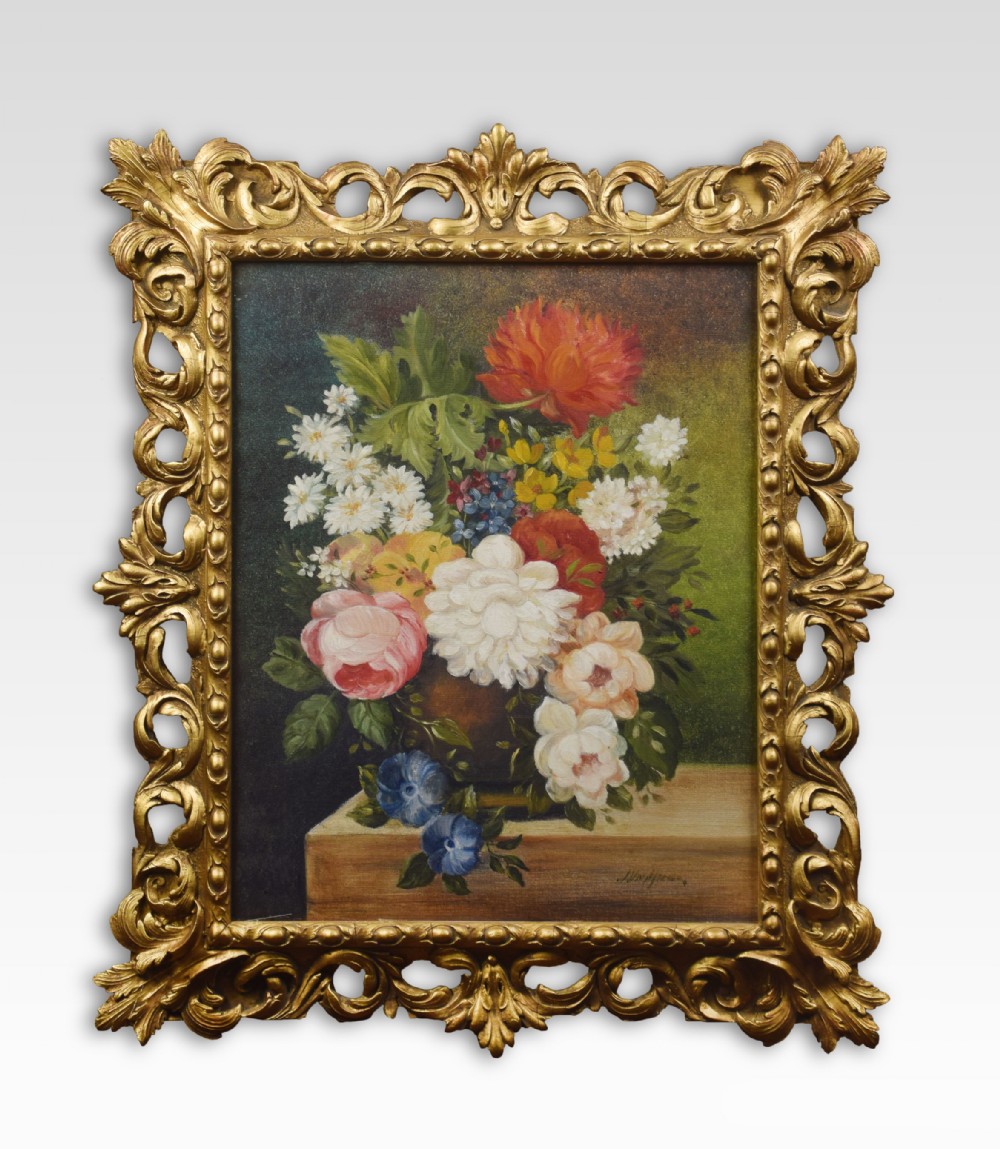 Oil on canvas still life of flowers