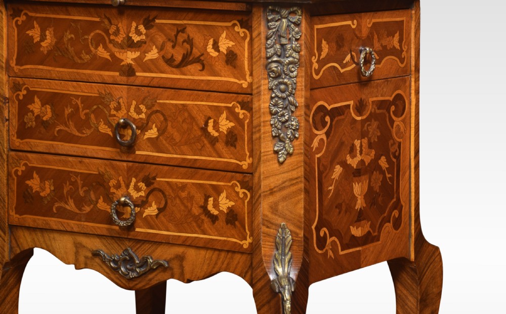 Pair of marquetry inlaid and gilt metal mounted bedside chests View V