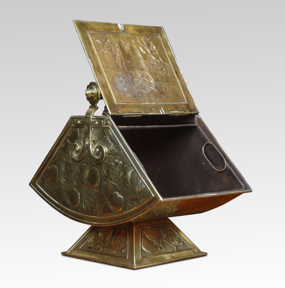 Arts and Crafts brass embossed coal scuttle View II