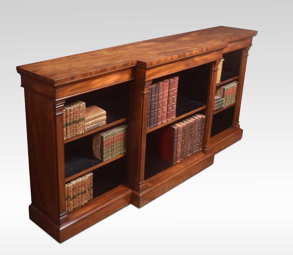 Large mahogany breakfront open bookcases View V