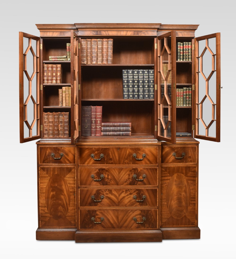 Mahogany breakfront secretaire bookcase View V