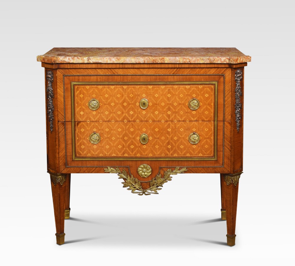 Neoclassical kingwood parquetry marble-topped chef of drawers