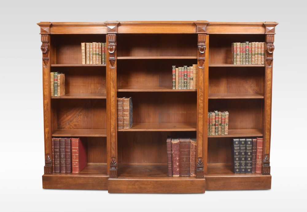 Large walnut dwarf open bookcase View II