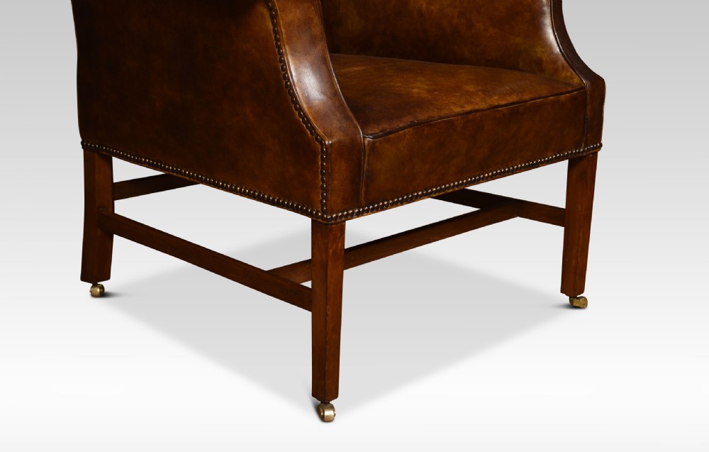 Brown leather upholstered wingback armchair View IV