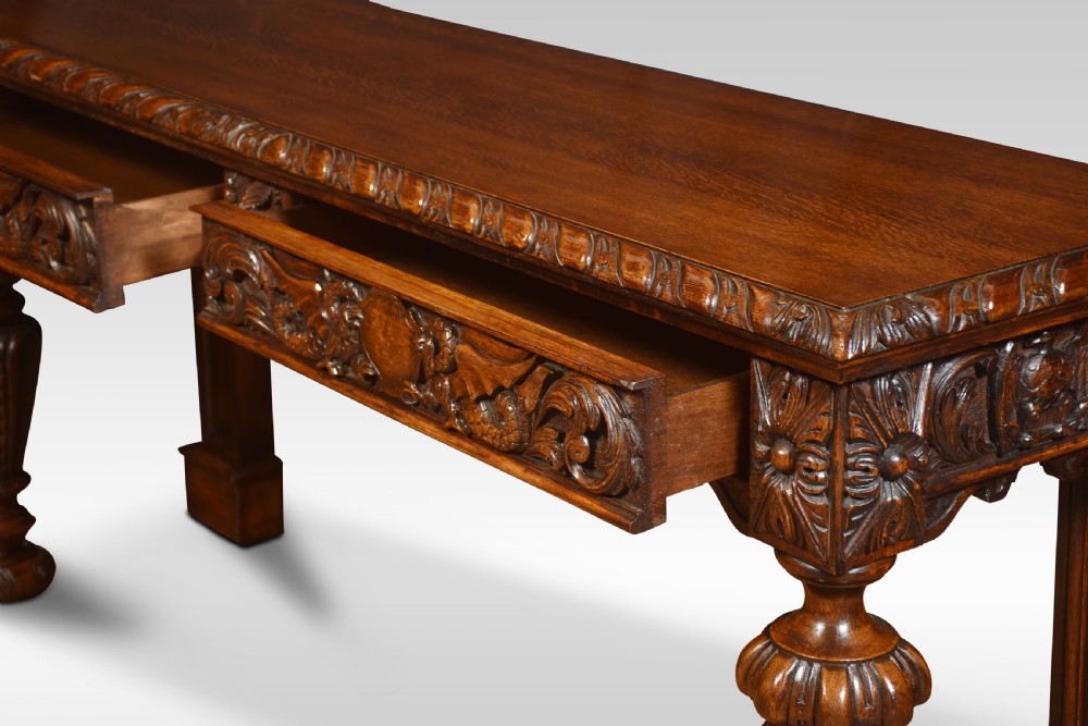 Large carved oak console table View XII