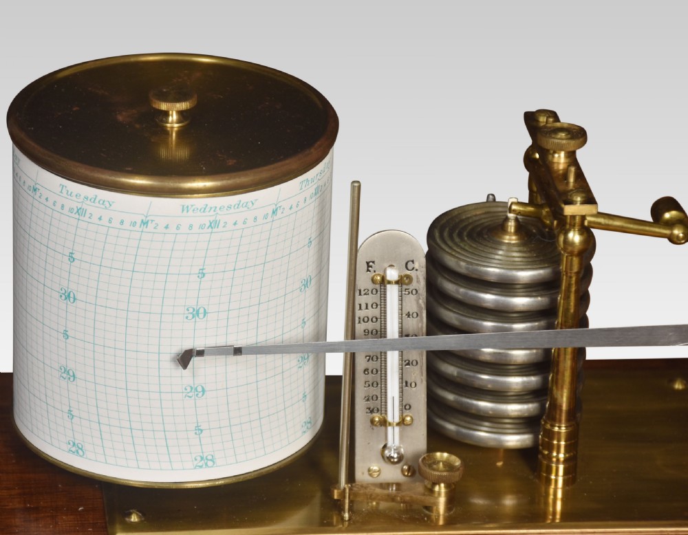 An antique barograph with a brass recording mechanism, clockwork drum, and integrated thermometer inside a glazed walnut case with a stepped base. View IV