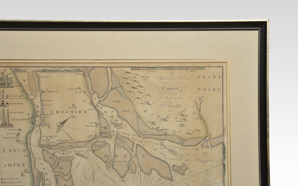 A framed 18th-century nautical chart depicting Liverpool Harbour and surrounding coastlines, mounted with a cream mat in a dark frame. View II