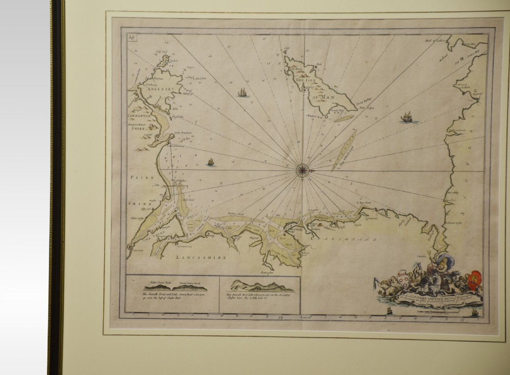 A framed antique hand-tinted sea chart depicting the Northwest Coast of England and the Isle of Man, set in a dark wood frame with a cream mount. View II