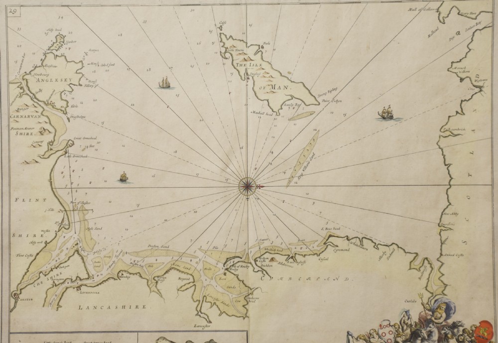 A framed antique hand-tinted sea chart depicting the Northwest Coast of England and the Isle of Man, set in a dark wood frame with a cream mount. View V