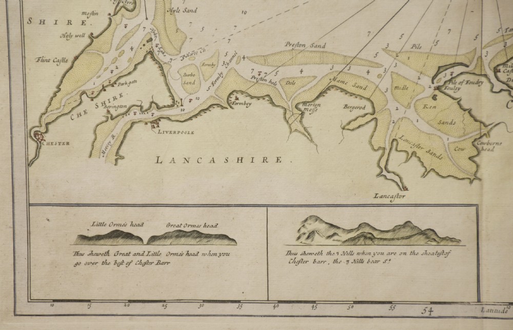 A framed antique hand-tinted sea chart depicting the Northwest Coast of England and the Isle of Man, set in a dark wood frame with a cream mount. View VI