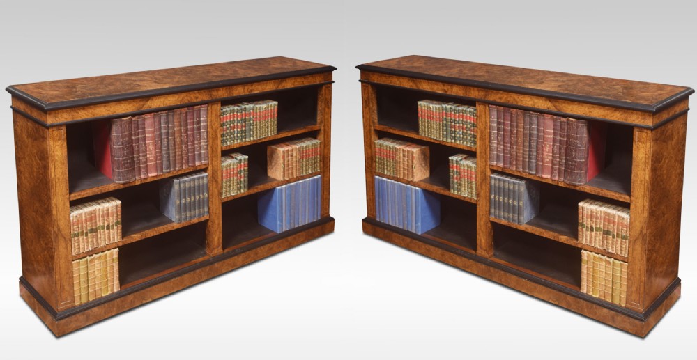 Pair Of Large Figured Walnut Dwarf Open Bookcases