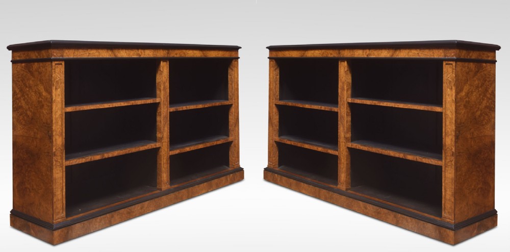 Pair Of Large Figured Walnut Dwarf Open Bookcases View IV