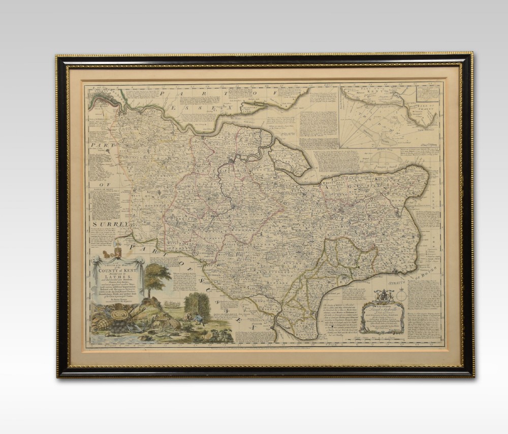 An 18th-century antique engraved map featuring hand-coloured regional boundaries set within a dark moulded frame.