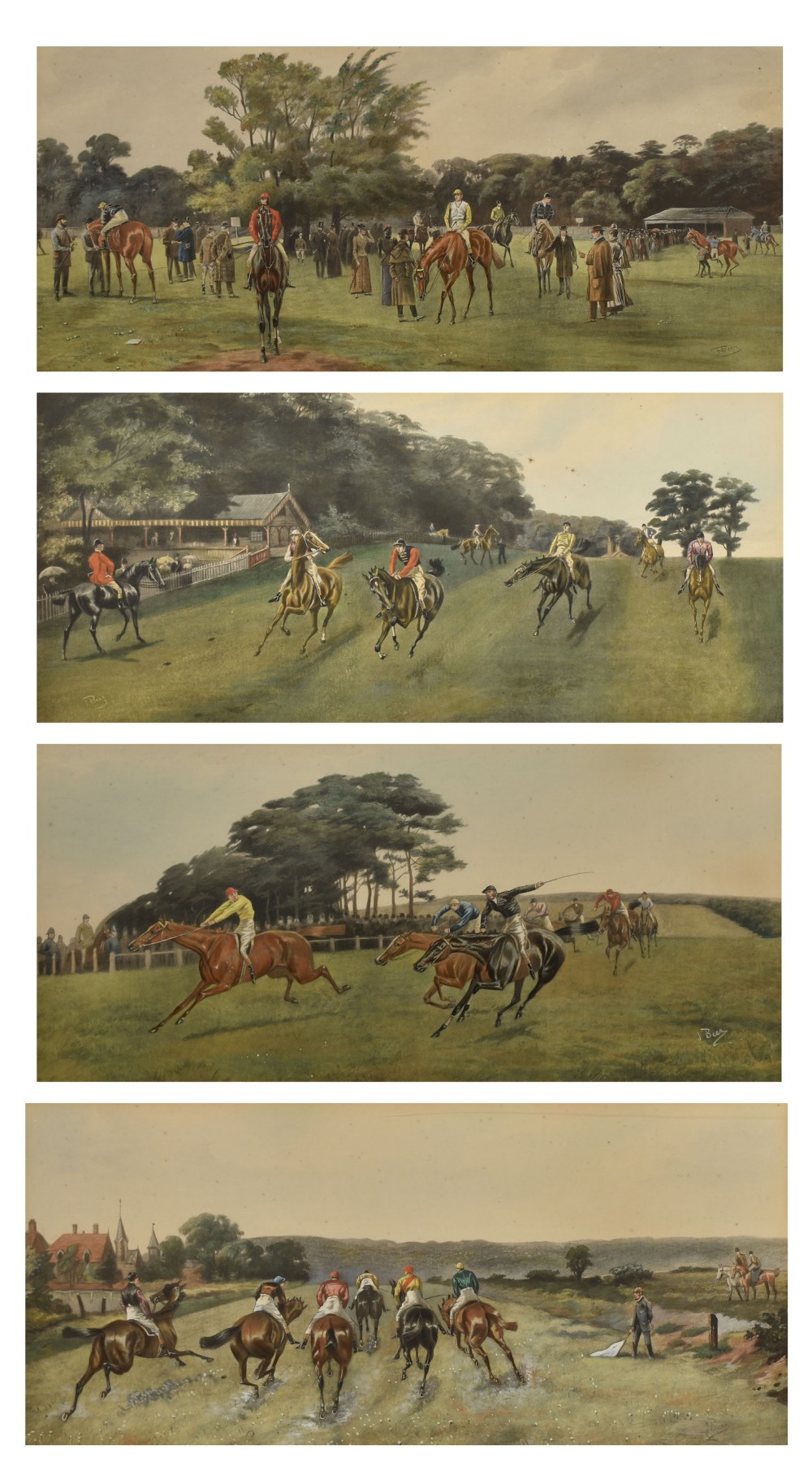Set of four hand painted racing lithographs